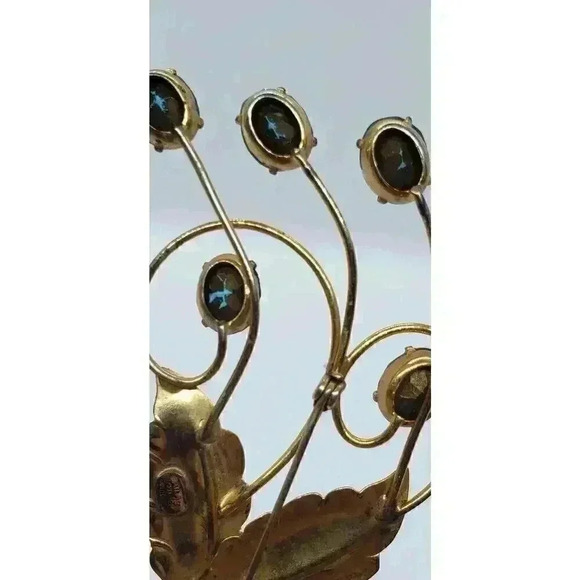 Vtg Brooch 12k Gold plate 925 Sterling Silver Blue Rhinestone Flower - Picture 4 of 9